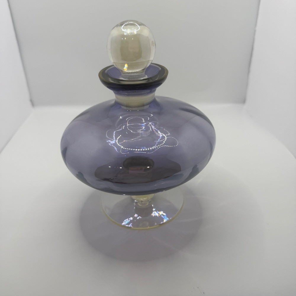 Hand Blown Art Glass Decanter Smoky Purple Glass Bottle Stopper Mid Century 7"